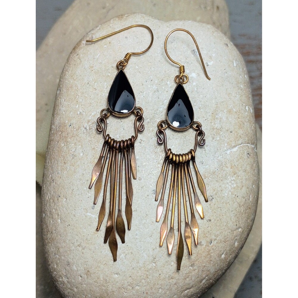 Vintage Copper Fringe Black Teardrop Dangle Earrings Boho